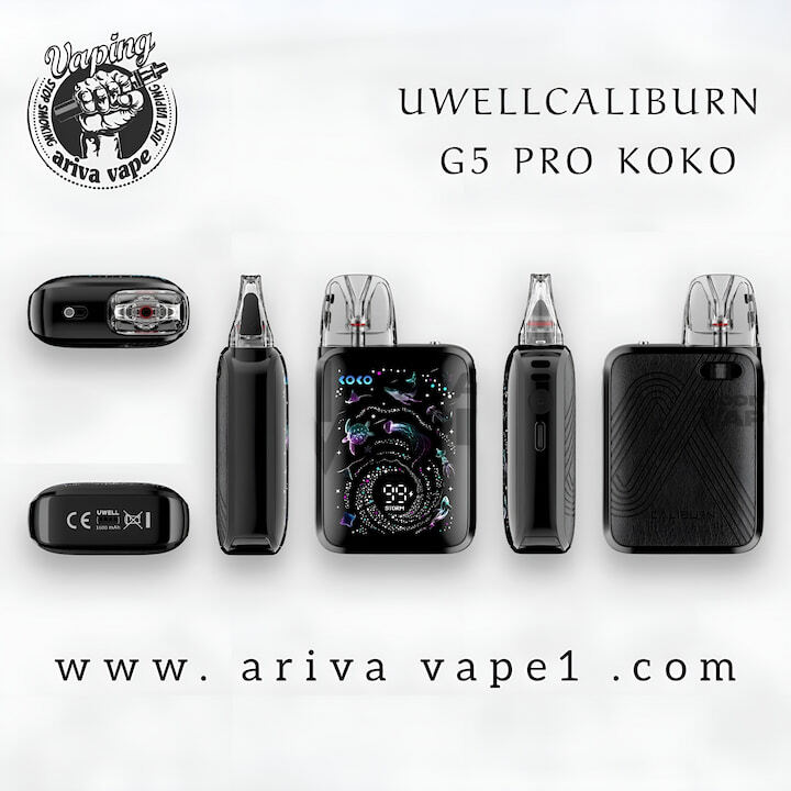  محتویات جعبه پادماد یوول کالیبرن جی ۵ کوکو UWELL CALIBURN G5 KOKO شامل دستگاه، کارتریج، کابل Type-C و دفترچه 