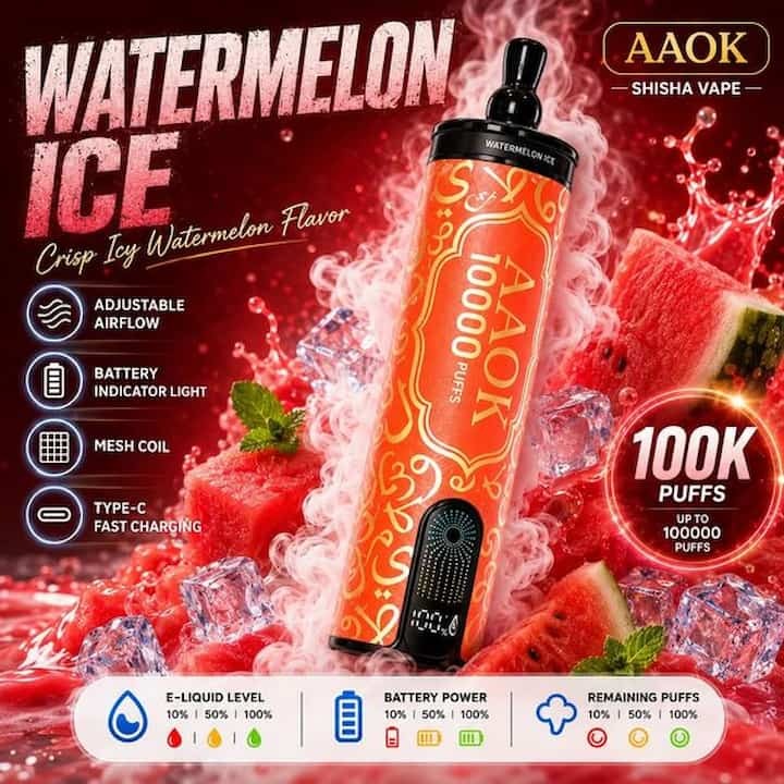  تصویر محصول ویپ یکبار مصرف AAOK A120 با کویل Mesh، بخار غلیظ، طعم خالص و طراحی مدرن و چشم‌نواز 
